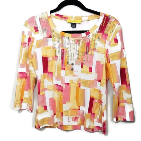 St. John Tops - St. John yellow pink bright geometric print blouse